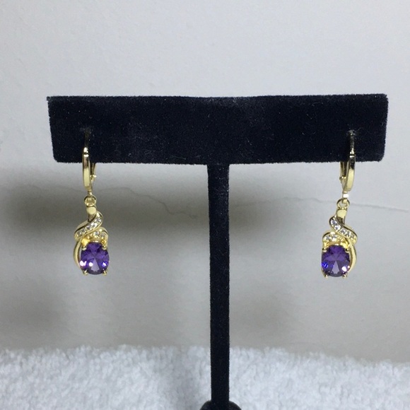 Costume Dangling Earrings with Purple and Clear Rhinestones in Goldtone - Picture 2 of 5